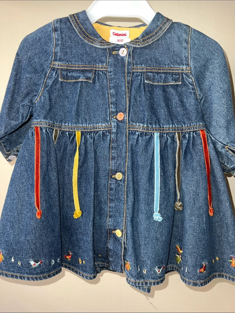 Vintage  Blue Denim Jacket Dress Multicolor Ribbon Accents & Matching Tights